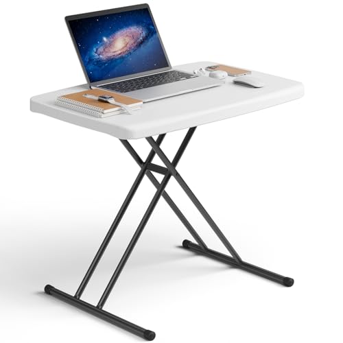 Folding Table 30 Inch - Small Desk Adjustable Height TV Tray for Laptop, Couch, Camping - Heavy Duty Utility Foldable Table for Small Spaces, No Assembly Required, White Granite - color: White, size: 30in