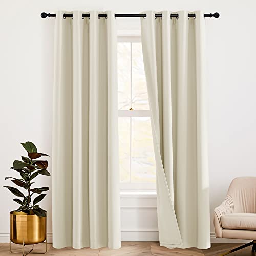 RYB HOME Acoustic Curtains Blackout Privacy Window Treatment Thermal Insulating 3-in-1 Curtain Set for Baby Nursery Bedroom Living Room Room Divider Panels, W 42 x L 84 inches, Beige, 1 Pair | Noise Cancelling, Thermal Insulated, With Detachable Felt Line