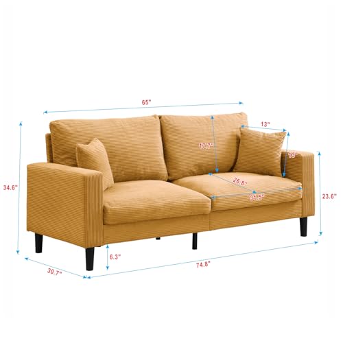 74" Orange Three Seater Sofa Couch, High Resilience Upholstered Comfy Sofas with 2 Pillows Sturdy Wooden Frame Space Saving Modern Sofa Living Room Bedroom Apartment Small Space (Orange, 3 Seat) - color: Orange, size: 3 Seat