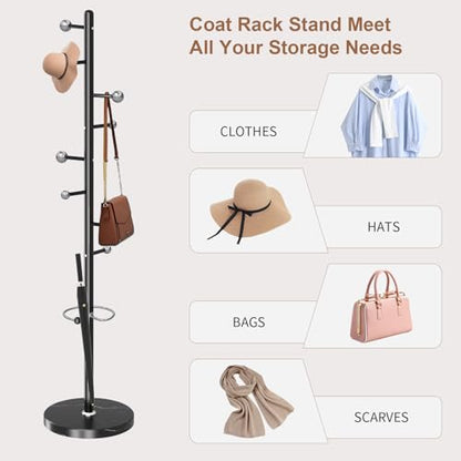 Coat Rack Stand, Black Metal Coat Rack Freestanding with 8 Hooks - color: Black-8 Ball Hooks