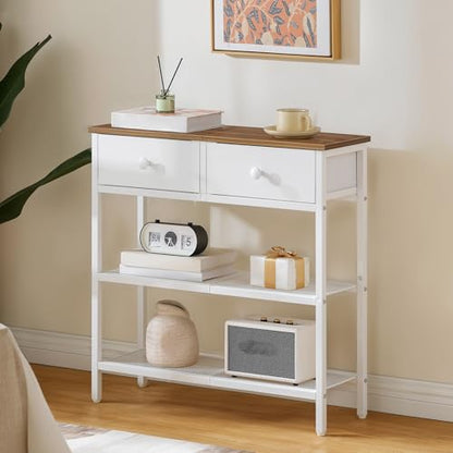 HOOBRO 29.5" Narrow Console Table with 2 Fabric Drawers, Sofa Table, Small Entryway Table with 3-Tier Storage Shelves, Behind Couch Table, for Living Room, Hallway, Walnut and White WH72XG01 - color: Walnut + White