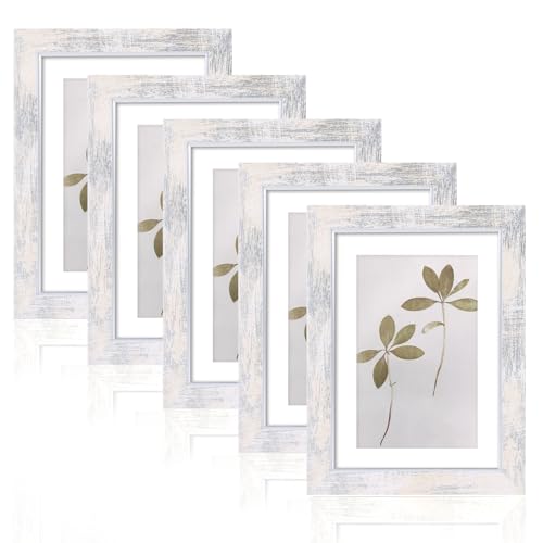 Fixwal 5x7 Picture Frame Set of 5 with Tempered Glass, Silver White | Premium PS Product, Farmhouse-Style, Durability And Longevity, Wall or Tabletop Decor - color: C-Distressed Silver White, size: 5x7