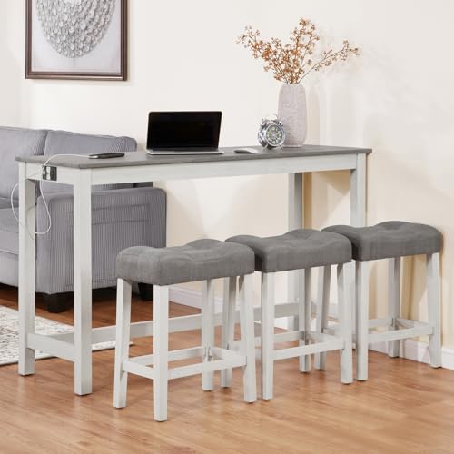 59" Dining Bar Table Set with Power Outlet, Behind Couch Sofa Table with 3 Padded Stools, 4 Piece Bar Table and Chairs Set for Living Room, Dining Room, Gray - color: R1-light Gray