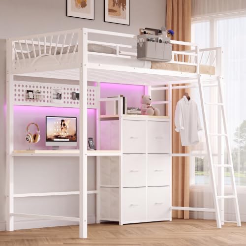 Decofy Twin Loft Bed with Desk and 6 Storage Drawers, Metal Loft Bed Twin Size with Charging Station & LED Lights, Bed Frame with Hanging Rod, Safety Ladder & Guardrail, Bedside Caddy for Kids, Teens - color: White