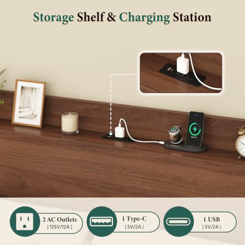 King Size Bed Frame with Storage Headboard & 2 Drawers, Mid-Century Modern Platform Bed with Charging Station & Shelf, Wooden Slat Support, No Box Spring Needed (King (U.S. Standard)) - size: King (U.S. Standard)