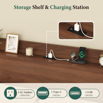 King Size Bed Frame with Storage Headboard & 2 Drawers, Mid-Century Modern Platform Bed with Charging Station & Shelf, Wooden Slat Support, No Box Spring Needed (King (U.S. Standard)) - size: King (U.S. Standard)