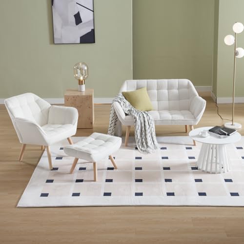 48" Small Loveseat Sofa, Modern Sherpa Mini Sofa Couch 2-Seater Fluffy Love Seat with Quilting Backs and Wood Legs for Living Room, Bedroom and Small Space, White - color: White
