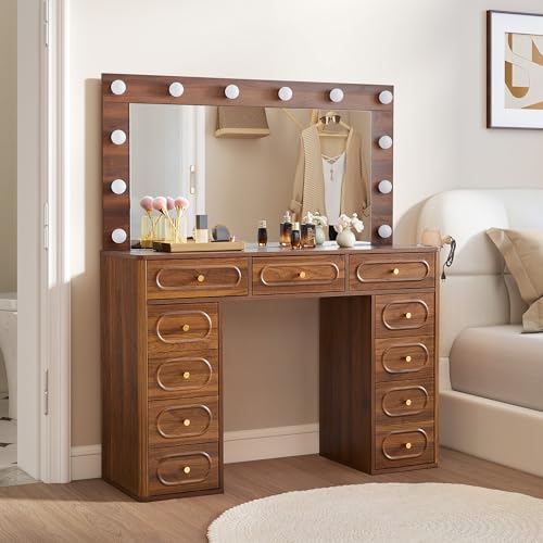Fluted Vanity Desk with Mirror and Lights, Power Outlets, Modern Wood Vanity Desk Makeup Table with 11 Drawers, 3 Color Modes Dressing Table with Storage for Bedroom, Living Room, Walnut - style: Walnut