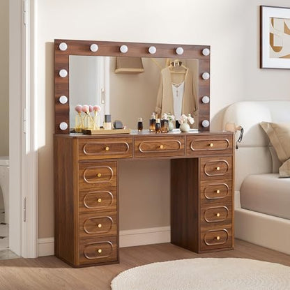 Fluted Vanity Desk with Mirror and Lights, Power Outlets, Modern Wood Vanity Desk Makeup Table with 11 Drawers, 3 Color Modes Dressing Table with Storage for Bedroom, Living Room, Walnut - style: Walnut