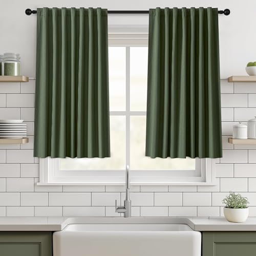 Blackout Curtains 42 Inch Long 2 Panels Set, Olive Green | Room Darkening, Thermal Insulated, Noise Reducing, Suitable for Bedroom, Living Room, Kitchen, Linen Textured, Rod Pocket - color: Olive, size: 50"W x 42"L (Pack of 2)