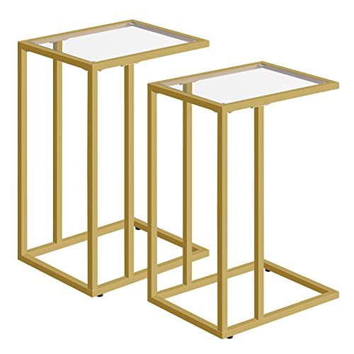 HOOBRO C Shaped End Table, Set of 2, Glass Side Table with Metal Frame, Gold Coffee Table for Small Space, Modern Style, for Living Room, Gold GD03SFP201 - color: Gold