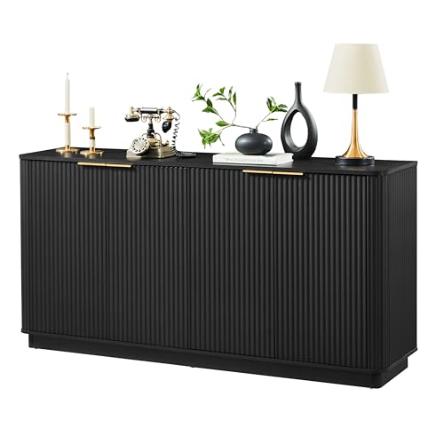 Modern 63 inch TV Stand, Black Media Console with Storage Cabinets and Vertical Stripe Design for Living Room, Curved Entertainment Center with Gold Handles for Bedroom and Hallway, Black-B - color: Black-b