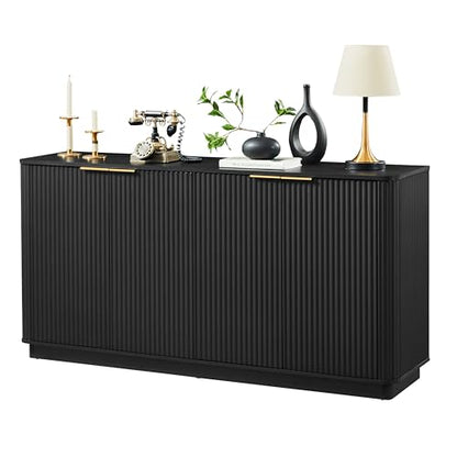 Modern 63 inch TV Stand, Black Media Console with Storage Cabinets and Vertical Stripe Design for Living Room, Curved Entertainment Center with Gold Handles for Bedroom and Hallway, Black-B - color: Black-b