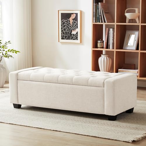 48" Ottoman with Storage, Beige Storage Ottoman Bench | Upholstered Entryway Bench with Seating for Bedroom, Living Room, with Safety Hinge, Holds up to 330 lb - color: Beige, size: 19.7"D x 48"W x 16.9"H