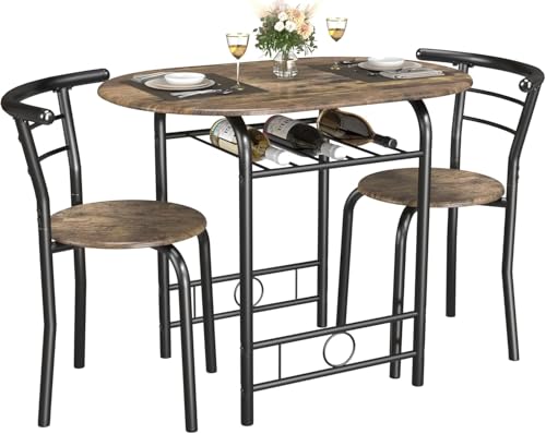JUMMICO 3-Piece Wooden Round Table & Chair Set, Kitchen Breakfast Nook | Space Saving, Wood Grain Tabletop with Metal Frame and Built-in Wine Rack for Kitchen, Dining Room (Walnut/Black) - color: Walnut/Black