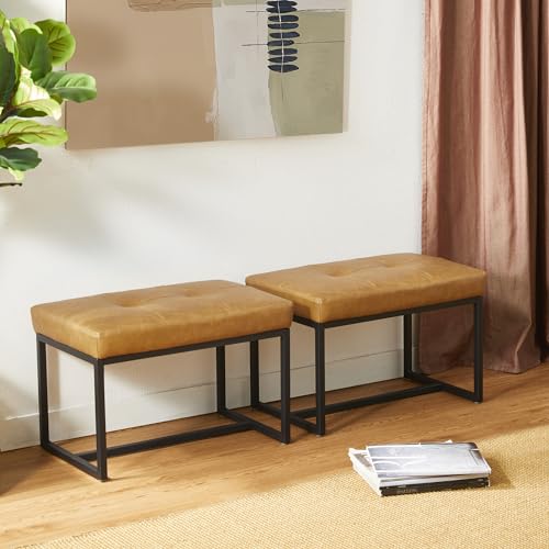 Glitzhome Ottoman Bench Pack of 2, Modern PU Leather Vanity Stools Chairs with Metal Frame, Makeup Stool Padded Foot Rest Stool for Living Room Vanity, Entryway, Bathroom,Light Brown - color: Light Brown, Pack of 2