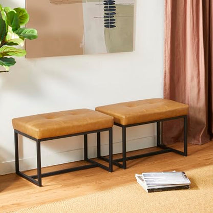 Glitzhome Ottoman Bench Pack of 2, Modern PU Leather Vanity Stools Chairs with Metal Frame, Makeup Stool Padded Foot Rest Stool for Living Room Vanity, Entryway, Bathroom,Light Brown - color: Light Brown, Pack of 2