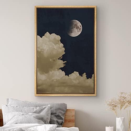 SIGNWIN Framed Canvas Print Wall Art Pastel Clouds with Moon in Dark Blue Sky Nature Wilderness Modern Art Landscape Relax for Living Room, Bedroom, Office - 16"x24" Natural - color: A015-2202-x04, size: 24"L x 16"W