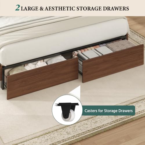 King Size Bed Frame with Storage Headboard & 2 Drawers, Mid-Century Modern Platform Bed with Charging Station & Shelf, Wooden Slat Support, No Box Spring Needed (King (U.S. Standard)) - size: King (U.S. Standard)