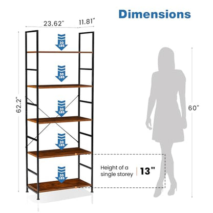 DUMOS 5 Tiers Bookshelf, Classical Modern Book Shelf, Tall Display Shelves in Living Room/Home/Office, Storage Organizer for CDs/Books/Movies, Rustic Brown | Tall Display Shelves in Living Room/Home/Office, Storage Organizer for CDs/Books/Movies, Rustic B