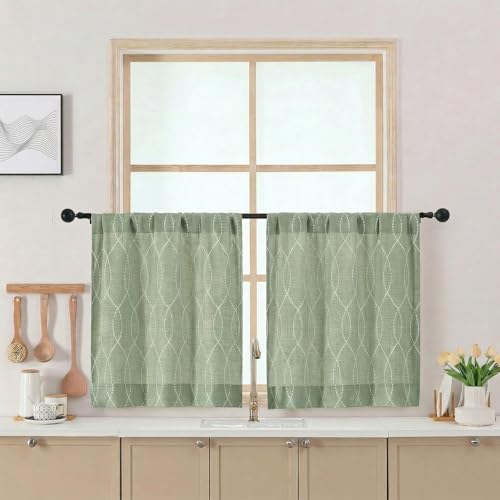 Chyhomenyc Kitchen Curtains 24 Inch Length - Light Filtering Faux Linen Half Window Cafe Curtains, Farmhouse 3D Wave Line Short Curtain Tiers for Bathroom Laundry RV Camper, 26Wx24L, 2 Pieces, Green - color: Green, size: 26"W x 24"L (Pack of 2)