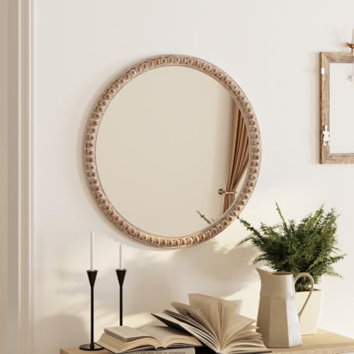 COZAYH Distressed Wood Frame Accent Mirror, Rustic Farmhouse Style Decorative Wall Mirror (Round) - size: 29.2"L x 1"W