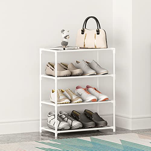 Small Shoe Rack 6-8 Pairs Sturdy Shoe Shelf 4-Tiers Narrow Stackable Shoe Organizer,Lightweight Kids Shoe Racks for Entryway, Doorway and Closet(White) - size: 4-White