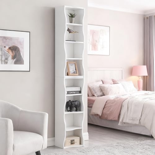 Tall Narrow Bookshelf, 8-Tier Tall Skinny Shelf with Adjustable Shelves, Narrow Bookcase for Small Spaces, 70.87" Slim Bookshelf for Home Office, Easy to Assemble, White - color: A-white