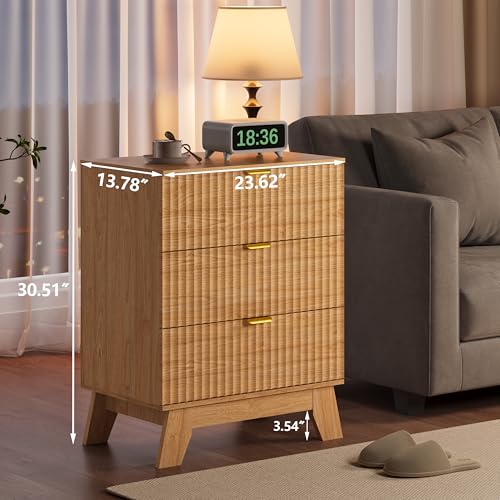 Fluted Nightstand with 3 Large Drawers, Wooden Side End Table with Elevated Legs for Easy Cleaning, Sturdy Modern Beside Table for Small Space, Bedroom, Oak, 24" L - color: Natural Oak