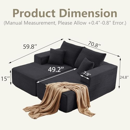70.8" Oversized Double Chaise Lounge Indoor, Upholstered Deep Seat Cloud Couch Corduroy Lounge Chair, Modern Sofa Bed Loveseat Sleeper Chair for Living Room Bedroom Apartment, Dark Black - color: Dark Black, size: 70.8"