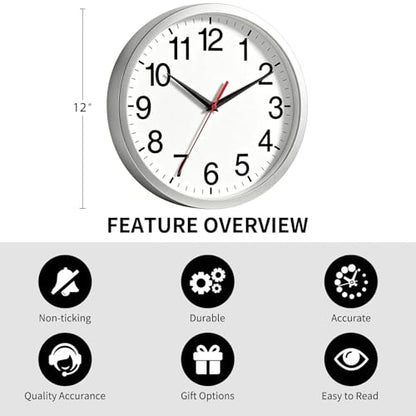 Wall Clock Analog 12 Inch Silver Battery Operated Silent Clock | Easy To Read, Non Ticking, Round, Accurate, Kitchen, Living Room, Classroom, Office, School - color: B_silver, size: 12 Inch