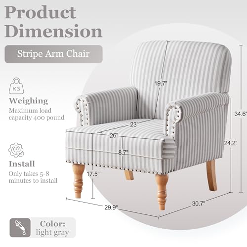 HUIMO Linen Fabric Accent Chair, Mid-Century Modern Armchair with Solid Wood Legs, Single Sofa Chair,Upholstered Reading Club Chair (1, Grey and White Stripe) - color: Light Grey and White Stripe