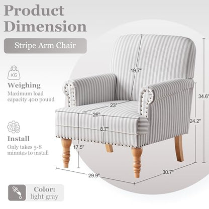 HUIMO Linen Fabric Accent Chair, Mid-Century Modern Armchair with Solid Wood Legs, Single Sofa Chair,Upholstered Reading Club Chair (1, Grey and White Stripe) - color: Light Grey and White Stripe