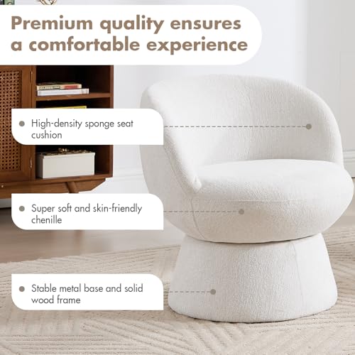 360° Swivel Accent Chair with Curved Back, Modern White Chenille Upholstered Round Barrel Chair, Bucket Armchair for Small Space,Living Room, Bedroom - color: White 02, size: 1 Chair
