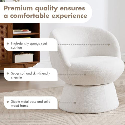 360° Swivel Accent Chair with Curved Back, Modern White Chenille Upholstered Round Barrel Chair, Bucket Armchair for Small Space,Living Room, Bedroom - color: White 02, size: 1 Chair