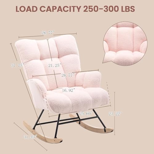 Rocking Chair Nursery Teddy Upholstered Glider Rocker Rocking Accent Chair Padded Seat with High Backrest Armchair Comfy Side Chair for Living Room Bedroom Offices (Pink Teddy) - color: Pink