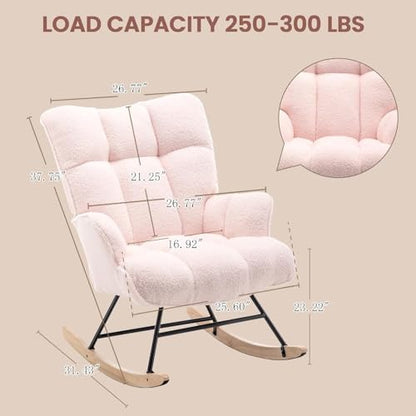 Rocking Chair Nursery Teddy Upholstered Glider Rocker Rocking Accent Chair Padded Seat with High Backrest Armchair Comfy Side Chair for Living Room Bedroom Offices (Pink Teddy) - color: Pink