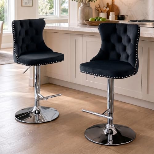 Velvet Bar Stool Set of 2, Adjustable Swivel Bar Stools with Silver Plated Metal Leg, Button Tufted, Footrest, Chrome Nailhead, Counter Height Chair for Kitchen, Bar, Dining Room (Black) - color: Black-silver Leg, size: Set of 2