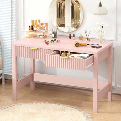 39 Inch Small Fluted Computer Desk with 2 Drawers for Bedroom, Home Office | Small Computer Desk with Storage, Compact Writing Study Desk for Small Spaces, Blue - color: Pink, size: 39-Inch Desk
