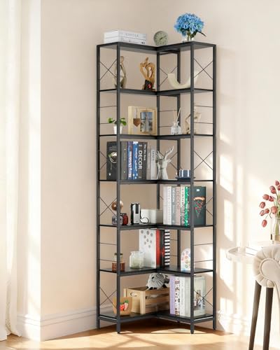 Garvee Corner Shelf, 7 Tier Industrial Corner Bookshelf, Wood and Metal Frame Large Bookcase, Freestanding Display Shelf for Living Room, Kitchen, Home Office, Rustic Brown