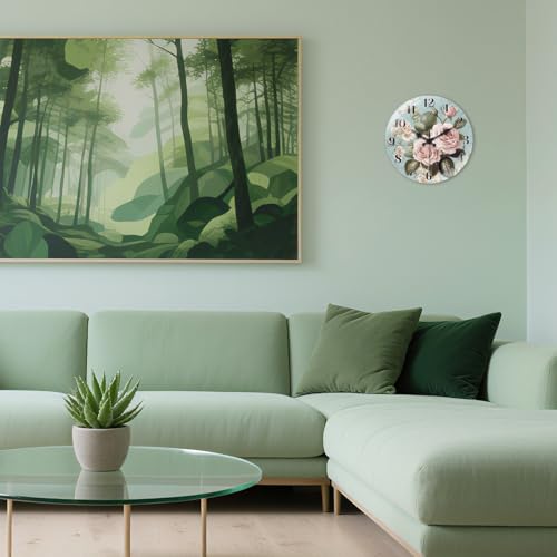 Roses Wall Clocks Battery Operated, 12" Round Clock | Non Ticking Decorative Clock, Ocean Pattern Glass Design for Living Room, Kitchen, Bedroom & Bathroom Decor - style: Roses