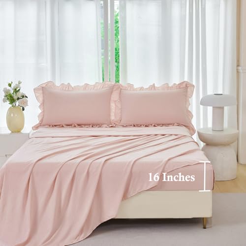 ANGIYUIN 5 Pieces Blush Pink Ruffled Comforter Sets Full Farmhouse Bed in A Bag with Layer Ruffle Soft Lightweight Bedding Sets with Sheet Sets, Pillowcases（Blush Pink Full） - color: Blush Pink, size: Full(5Pcs)