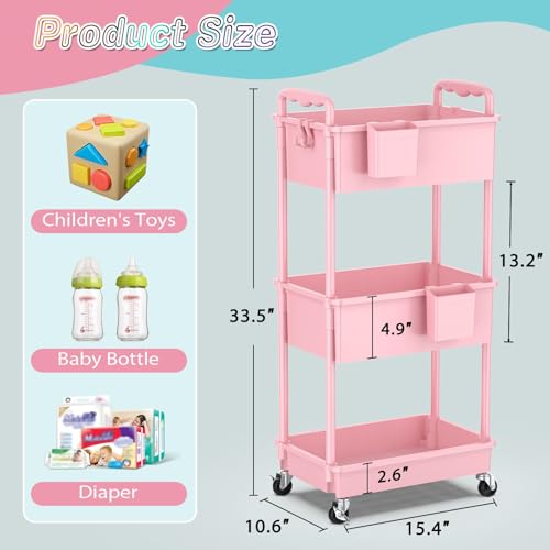 SUNALLY Baby Diaper Caddy Cart, 3 Tier Rolling Diaper Cart for Nursery,Pink | Large Capacity & Easy Assemble Diaper Storage Organizer with Lockable Wheels for Newborn, New Mom, Baby Girl Boy Essentials - color: Pink