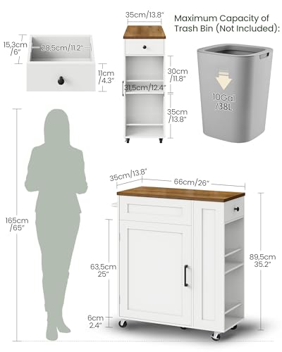 Kitchen Island Cart with Storage, Kitchen Cabinet, Mobile Kitchen Island, Storage Trolley for Kitchen with Hidden Trash Bin Cabinet, for Dining Room, White and Walnut MZD06WL