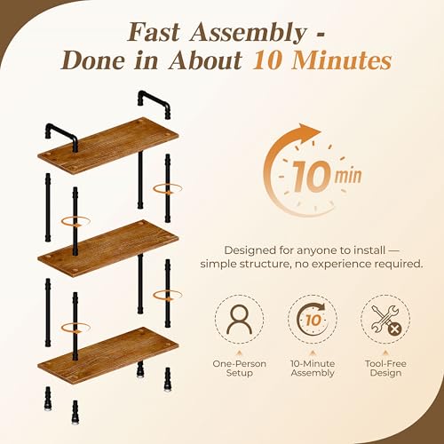 Industrial Bookshelf, Pipe Shelf Bookcase, 3 Tier, 30" Rustic Brown | Solid pine shelves, 30 inch wide, black pipe frame, 35 lbs per shelf, open bookcase for books, plants, office - color: Rustic Brown, size: 30"L × 39"H