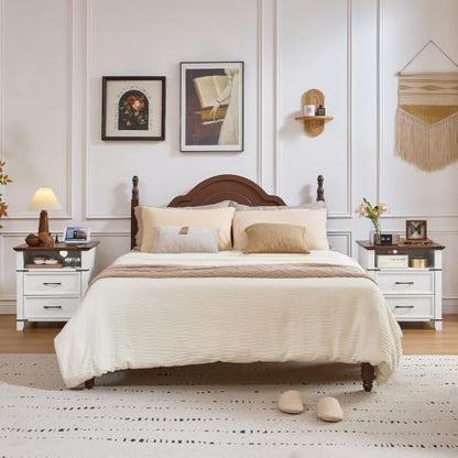 Farmhouse Night Stand with Charging Station, White | 2 Drawers End Tables Bedroom, Nightstand with Metal Handles & Solid Wood Foot & Open Shelf - color: White