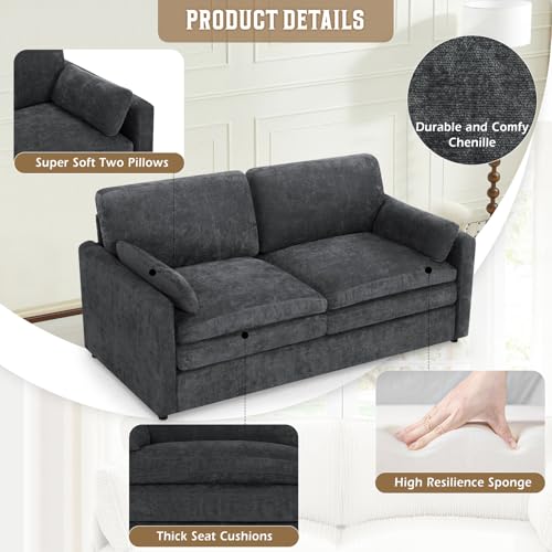 69" Chenille 2 Seats Sofa with 2 Pillows, Dark Grey | Modern Upholstered Sofa with Deeper Seats, Comfy Sofa with Thickened Cushions for Living Room, Apartment - color: Dark Grey, size: Loveseat