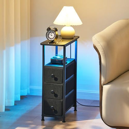 Narrow End Table with Charging Station, Narrow Side Table with Drawer, Small Nightstand with LED Light, Skinny Nightstand, Small Bedside Table for Living Room, Bedroom, Couch, Black - color: Black, size: 7.9" W x 18.9" D, style: Power + Light
