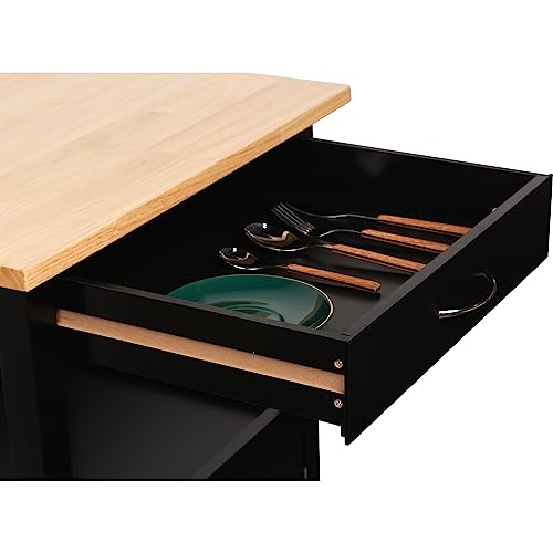 Kitchen Island Cart on Wheels, Black Base, Natural Hardwood Top | Drawer, Storage Cabinet, Shelf - color: Black