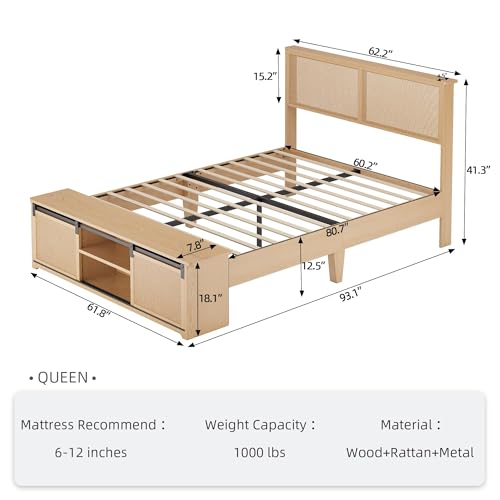 GarveeHome Natural Rattan Queen Size Bed Frame with Storage Cabinets | Cabinet with Sliding Barn Door, LED Light Headboard, Solid Wood Legs Support, No Box Spring Needed - size: Queen
